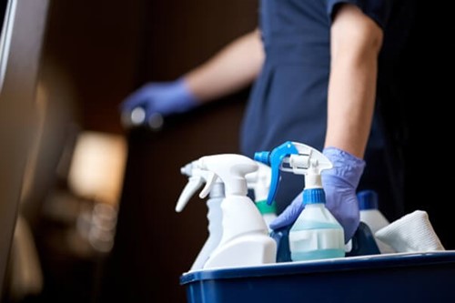 employee holding cleaning products